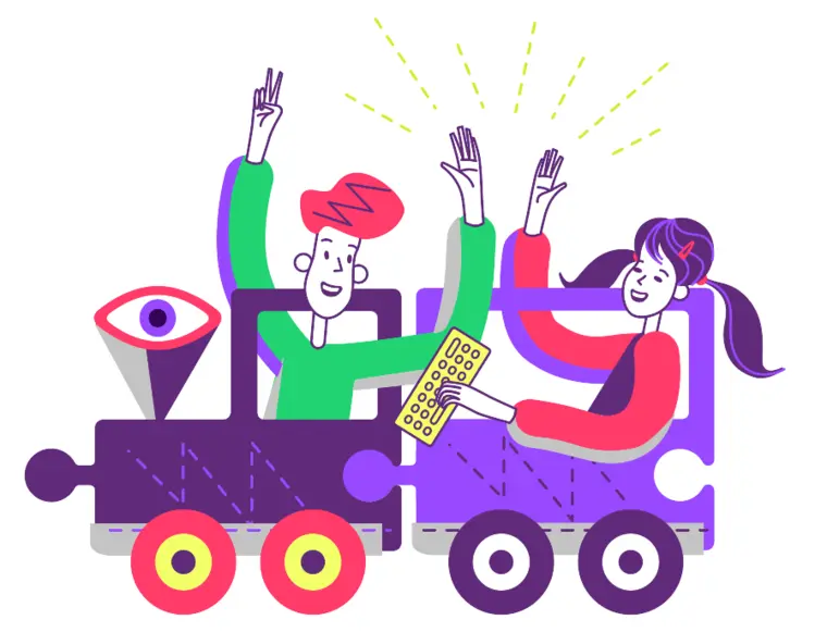 Illustration officielle Algorithmics : deux élèves célèbrent leur victoire à bord du train des olympiades